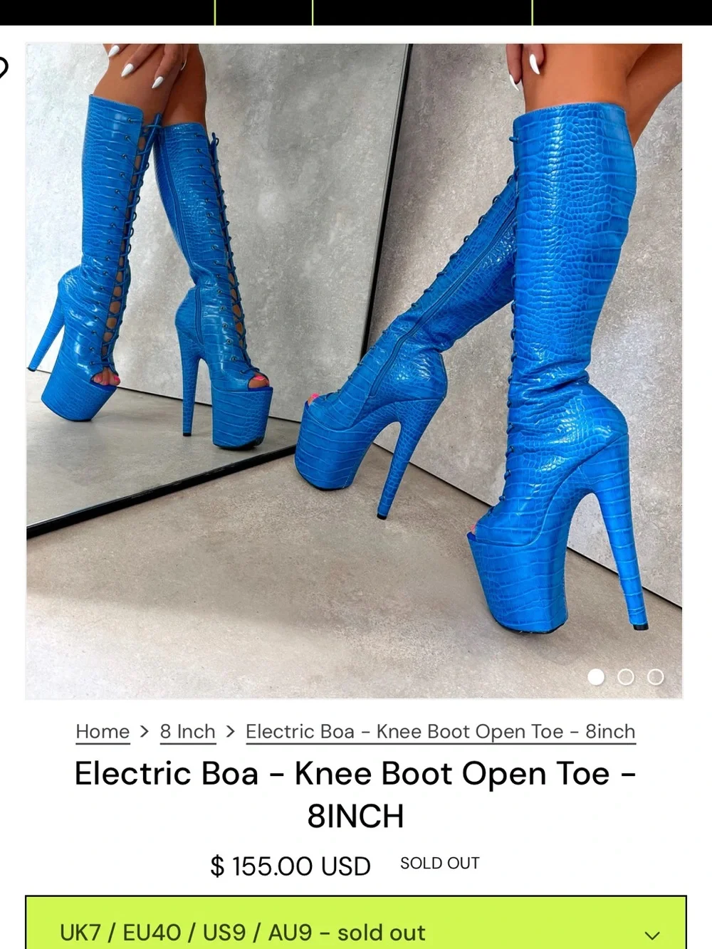 Hella Heels Knee-High Calf Open-Toe 8" Platform Boots — Electric Blue Pole shoes - Picture 1 of 7